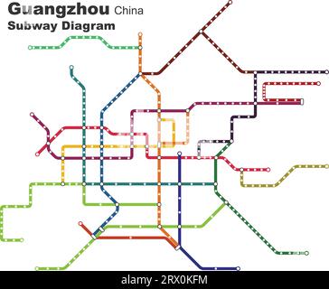 Illustrazione vettoriale modificabile a strati del diagramma della metropolitana di Guangzhou, Cina. Illustrazione Vettoriale