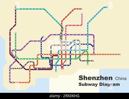 Illustrazione vettoriale modificabile a strati del diagramma della metropolitana di Shenzhen, Cina. Illustrazione Vettoriale