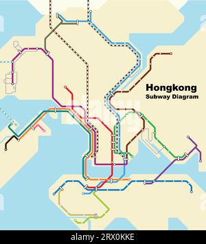 Illustrazione vettoriale modificabile a strati del diagramma della metropolitana di Hong Kong, Cina. Illustrazione Vettoriale