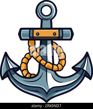 Emblema di ancoraggio in acciaio colorato e corda. Simbolo o icona dell'ancoraggio della nave in ferro. Illustrazione Vettoriale