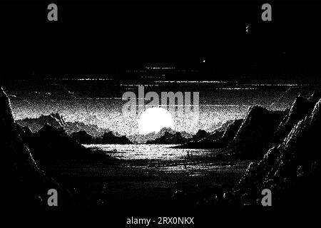 Paesaggio alieno pianeta in stile rétro dotwork. Pianeti e satelliti su un pianeta sconosciuto nello spazio. Mondo fantascientico oltre la nostra galassia. Illustrazione Vettoriale