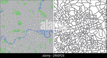 Mappa vettoriale a più livelli modificabile di Londra, Gran Bretagna, che contiene linee e forme colorate per terre, strade, fiumi e parchi. Illustrazione Vettoriale