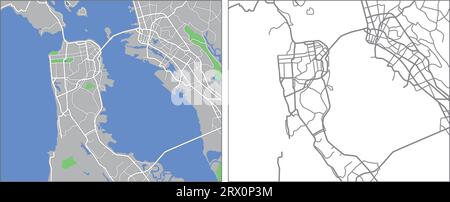 Mappa vettoriale a più livelli modificabile di San Francisco, America, che contiene linee e forme colorate per terre, strade, fiumi e parchi. Illustrazione Vettoriale