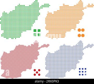 Illustrazione vettoriale a più livelli e modificabile mappa nazionale dell'Afghanistan, che contiene due versioni, colorata versione bandiera del paese e silhouette nera versio Illustrazione Vettoriale