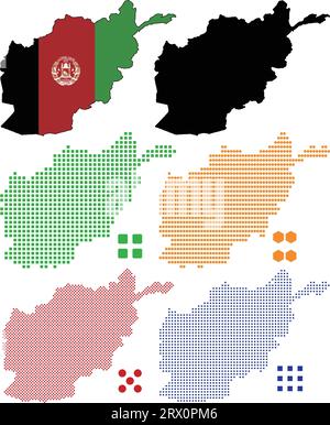 Illustrazione vettoriale modificabile a livelli mappa del paese dell'Afghanistan, che contiene colorata versione bandiera del paese, versione silhouette nera e defferent pi Illustrazione Vettoriale