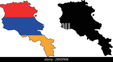 Illustrazione vettoriale a più livelli e modificabile mappa nazionale dell'Armenia, che contiene due versioni, colorata versione bandiera del paese e versione silhouette nera. Illustrazione Vettoriale
