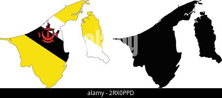 Illustrazione vettoriale a più livelli e modificabile mappa del paese del Brunei, che contiene due versioni, colorata versione bandiera del paese e versione silhouette nera. Illustrazione Vettoriale