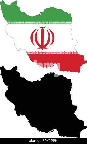 Illustrazione vettoriale modificabile a livelli mappa del paese dell'Iran, che contiene due versioni, versione colorata della bandiera del paese e versione della silhouette nera. Illustrazione Vettoriale
