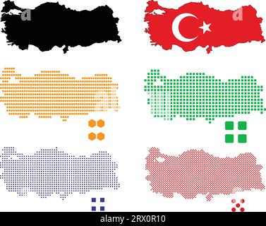 Illustrazione vettoriale a più livelli e modificabile mappa nazionale della Turchia, che contiene due versioni, colorata versione bandiera del paese e versione silhouette nera. Illustrazione Vettoriale