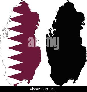 Illustrazione vettoriale a più livelli e modificabile mappa del paese del Qatar, che contiene due versioni, colorata versione bandiera del paese e versione silhouette nera. Illustrazione Vettoriale