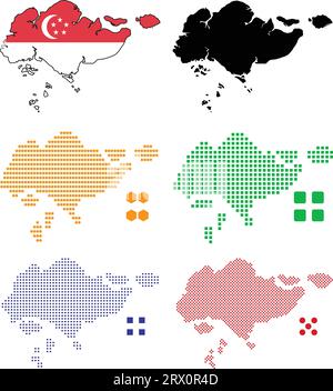 La mappa del paese di Singapore con illustrazione vettoriale modificabile a più livelli, che contiene quattro versioni pixel efferenti, può essere utilizzata come sfondo o materiale. Illustrazione Vettoriale