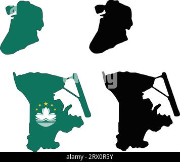 Illustrazione vettoriale a più livelli e modificabile mappa del paese di Macao, che contiene due versioni, la colorata versione bandiera del paese e la versione con silhouette nera. Illustrazione Vettoriale