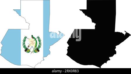 Illustrazione vettoriale a livelli modificabile mappa del paese del Guatemala, che contiene due versioni, versione bandiera colorata del paese e versione silhouette nera. Illustrazione Vettoriale