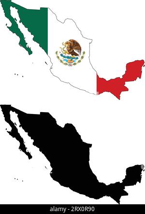 Illustrazione vettoriale a più livelli e modificabile, mappa del paese del Messico, che contiene due versioni, versione bandiera colorata del paese e versione silhouette nera. Illustrazione Vettoriale