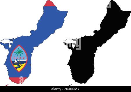 Illustrazione vettoriale a più livelli e modificabile mappa del paese di Guam, che contiene due versioni, colorata versione bandiera del paese e versione silhouette nera. Illustrazione Vettoriale
