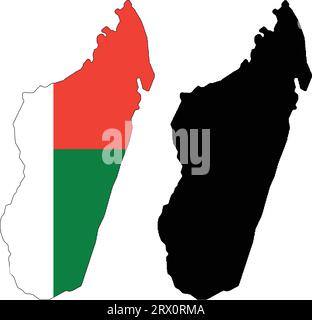 Illustrazione vettoriale a più livelli e modificabile mappa del paese del Madagascar, che contiene due versioni, colorata versione bandiera del paese e versione silhouette nera Illustrazione Vettoriale