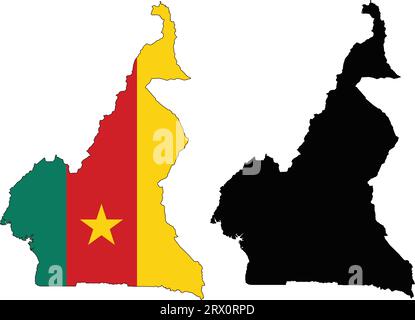 Illustrazione vettoriale a più livelli e modificabile mappa del paese del Camerun, che contiene due versioni, la colorata bandiera del paese e la versione con silhouette nera. Illustrazione Vettoriale