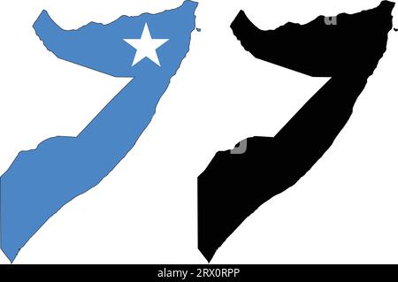 Illustrazione vettoriale a più livelli e modificabile mappa nazionale della Somalia, che contiene due versioni, colorata versione bandiera del paese e versione silhouette nera. Illustrazione Vettoriale