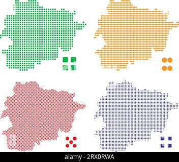 La mappa del paese di Andorra, che contiene quattro versioni pixel diverse, può essere utilizzata come sfondo o materiale. Illustrazione Vettoriale