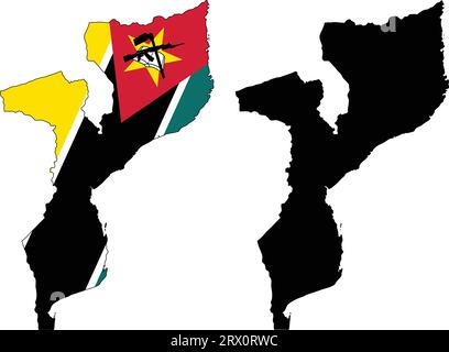 Illustrazione vettoriale a più livelli e modificabile mappa del Mozambico, che contiene due versioni, la colorata bandiera del paese e la silhouette nera Illustrazione Vettoriale
