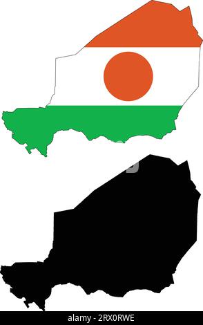 Illustrazione vettoriale a più livelli e modificabile mappa del paese del Niger, che contiene due versioni, la colorata versione bandiera del paese e la versione con silhouette nera. Illustrazione Vettoriale