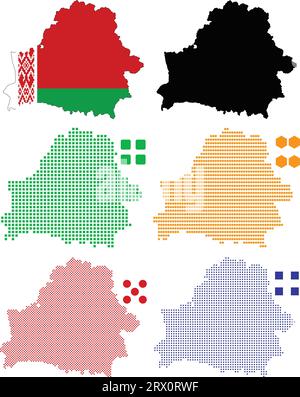 Illustrazione vettoriale a più livelli e modificabile mappa del paese della Bielorussia, che contiene la versione colorata della bandiera del paese, la versione della silhouette nera e il pixel defferente Illustrazione Vettoriale