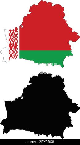 Illustrazione vettoriale a più livelli e modificabile, mappa del paese della Bielorussia, che contiene due versioni, colorata bandiera del paese e silhouette nera. Illustrazione Vettoriale