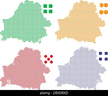 Illustrazione vettoriale modificabile a livelli mappa del paese della Bielorussia, che contiene quattro versioni pixel efferenti, può essere utilizzata come sfondo o materiale. Illustrazione Vettoriale