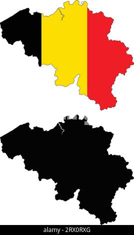 Illustrazione vettoriale a più livelli e modificabile, mappa del paese del Belgio, che contiene due versioni, versione colorata della bandiera del paese e versione con silhouette nera. Illustrazione Vettoriale