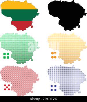 Illustrazione vettoriale a più livelli e modificabile, mappa nazionale della Lituania, che contiene la colorata versione della bandiera nazionale, la versione della silhouette nera e la pixe discreta Illustrazione Vettoriale