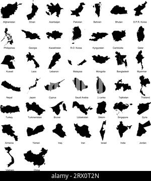 Illustrazione vettoriale modificabile a strati silhouette mappa del paese di 44 paesi asiatici. Illustrazione Vettoriale
