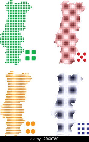 La mappa del paese del Portogallo, che contiene quattro versioni pixel efferenti, può essere utilizzata come sfondo o materiale. Illustrazione Vettoriale