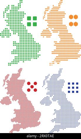Illustrazione vettoriale a più livelli della mappa nazionale del Regno Unito, che contiene la colorata versione bandiera del paese, la versione silhouette nera e il decoro Illustrazione Vettoriale