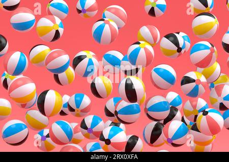 Molte palle da spiaggia volanti isolate su sfondo rosa. il concetto di rendering 3d delle attività estive, delle vacanze e delle vacanze Foto Stock