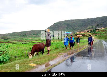 Abitanti malgasci che camminano lungo la strada nel Madagascar centrale. Foto Stock