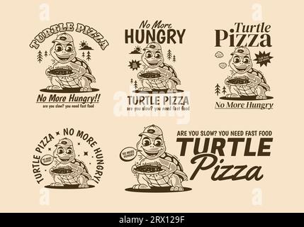 Pizza tartaruga, non più affamata, illustrazione del personaggio Mascot di una tartaruga che tiene una pizza Illustrazione Vettoriale