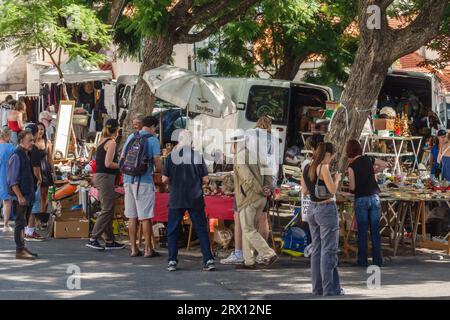 L'affollato mercato di strada di Feira da Ladra, aperto due volte alla settimana, nel quartiere Alfama di Lisbona, specializzato in antiquariato, oggetti da collezione e bric-a-brac (Portogallo) Foto Stock