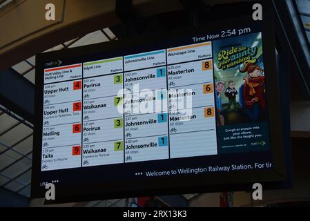WELLINGTON, NUOVA ZELANDA, 18 MAGGIO 2023: Orari dei treni in mostra alla stazione ferroviaria di Wellington Foto Stock