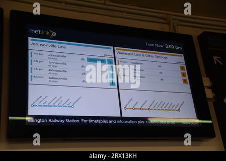 WELLINGTON, NUOVA ZELANDA, 18 MAGGIO 2023: Orari dei treni in mostra alla stazione ferroviaria di Wellington Foto Stock