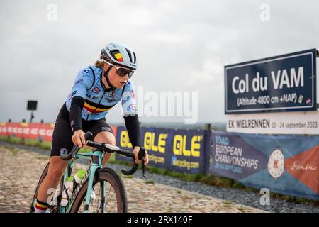 Wijster, Paesi Bassi. 22 settembre 2023. Belga Audry De Keersmaeker nella foto durante il giro di allenamento, il terzo giorno dei Campionati europei UEC Road a Wijster, Paesi Bassi, venerdì 22 settembre 2023. I campionati europei di ciclismo si svolgono dal 20 al 24 settembre. BELGA PHOTO DAVID PINTENS Credit: Belga News Agency/Alamy Live News Foto Stock