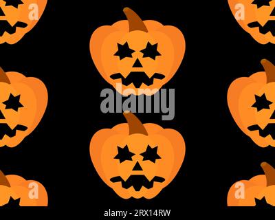 Zucche Halloween con motivo senza cuciture. Faccia di zucca scolpita di Halloween su sfondo nero. Buon Halloween 31 ottobre, trucco o regalo. Jack-o-lantern. Illustrazione Vettoriale