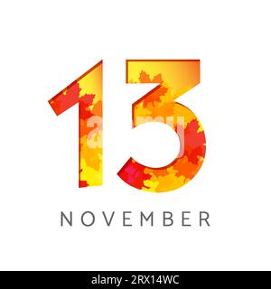 Logo del numero di calendario del 13 novembre. Concetto di insegna autunnale. Planner o modello di banner. simbolo 1 e 3. Icona creativa con foglie autunnali. Emblema stagionale Illustrazione Vettoriale