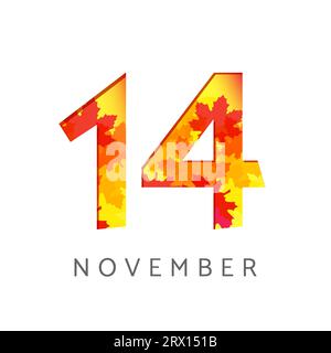 Logo del numero di calendario del 14 novembre. Concetto di insegna autunnale. Planner o modello di banner. simbolo 1 e 4. Icona creativa con foglie autunnali. Emblema stagionale Illustrazione Vettoriale