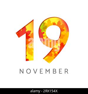 Logo del numero di calendario del 19 novembre. Concetto di insegna autunnale. Planner o modello di banner. simbolo 1 e 9. Icona creativa con foglie autunnali. Emblema stagionale Illustrazione Vettoriale