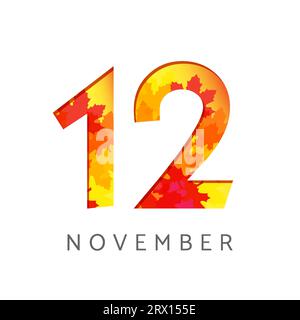 Logo del numero di calendario del 12 novembre. Concetto di insegna autunnale. Planner o modello di banner. simbolo 1 e 2. Icona creativa con foglie autunnali. Emblema stagionale con Illustrazione Vettoriale