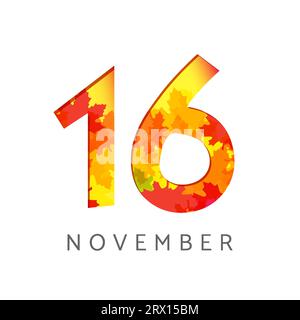 Logo del numero di calendario del 16 novembre. Concetto di insegna autunnale. Planner o modello di banner. simbolo 1 e 6. Icona creativa con foglie autunnali. Emblema stagionale. Illustrazione Vettoriale