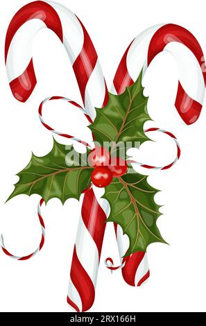 Decorazioni natalizie. Un bouquet di canne caramelle e holly, legato con un arco di pizzo colorato. Illustrazione Vettoriale