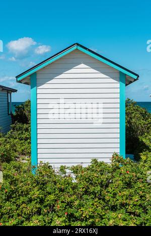 Vista frontale sul retro di una capanna da bagno in legno bianco turchese sulla spiaggia di Skanör med Falsterbo al Öresund al sole del mattino, Skåne, Svezia Foto Stock