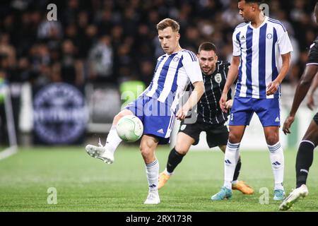 Helsinki, Finlandia. 21 settembre 2023. Lucas Lingman di Helsinki in azione durante un match tra Helsinki e PAOK. Europa Conference League a gironi partita tra HJK Helsinki e PAOK FC. La partita è finita 2-3. (Immagine di credito: © Giannis Papanikos/ZUMA Press Wire) SOLO USO EDITORIALE! Non per USO commerciale! Foto Stock