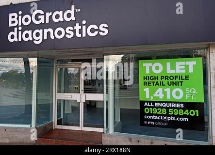 Presa Biograd Diagnostics chiusa, tester RT-PCR, sgombro in 1, Market Gate, centro di Warrington, Cheshire, Inghilterra, Regno Unito, WA1 2QN Foto Stock